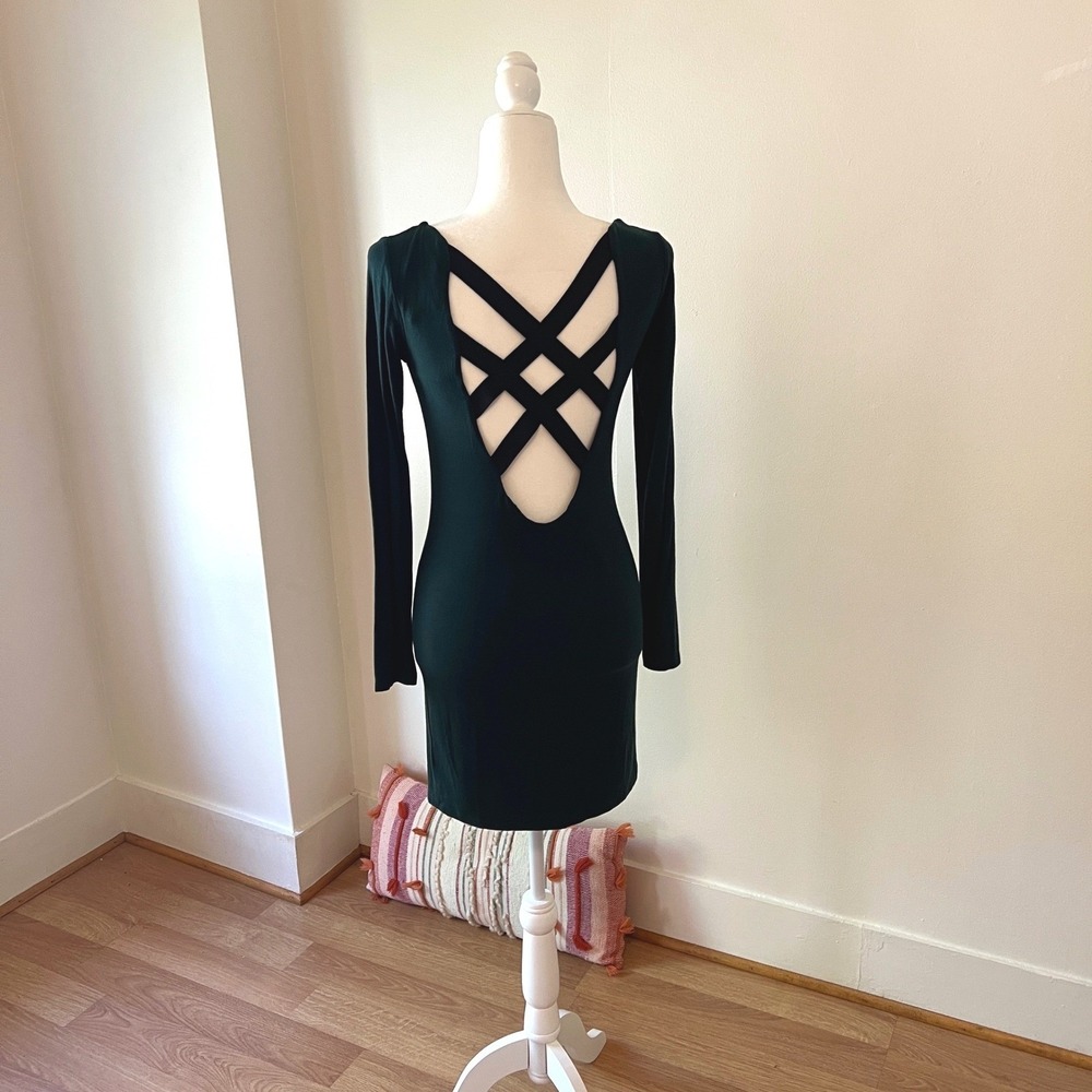 Forever 21 Forest Green Long Sleeve Lattice Open Back Bodycon Mini Dress Medium